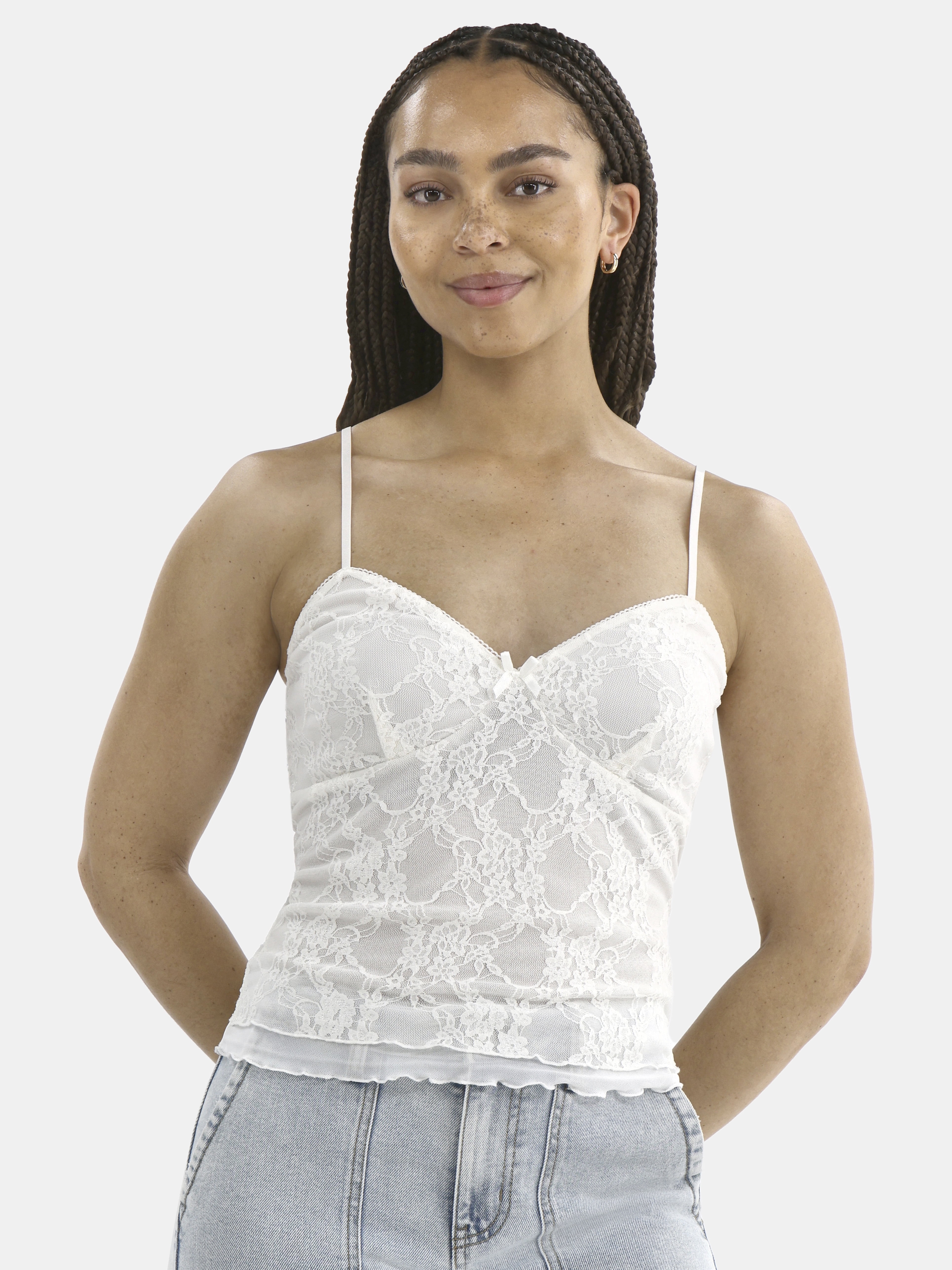 No Boundaries Lace Tank with Picot Trim for Women, Floral Lace