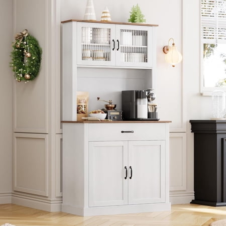 Litake Kitchen Pantry Cabinet with Microwave Stand, 71”Freestanding Tall Kitchen Cabinet with Doors and Shelves for Dining Room, White