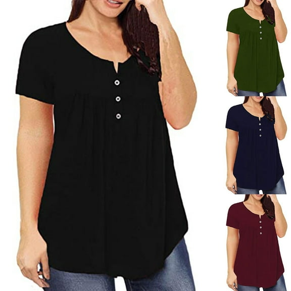 Mittory Women's Plus Size Henley Shirts Flowy Summer Tops Pleated Buttons Up Tunics Casual Short Sleeve Blouses