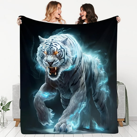 Mystical White Tiger Lightning Print Soft Flannel Throw Blanket – Cozy All-Season Decor for Sofa, Bed, Office, and Travel, Machine Washable, Cute Blanket
