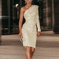 thumbnail image 2 of Prolriy Robe à Sequins pour Femmes Longue Robe Épaule une Paillette Épaule Froncée Mode Femmes Robe Froide à Sequins Robe Unie Robes de Vacances pour Femmes Robe de Réveillon du Nouvel An 2025 Or TG, 2 of 8