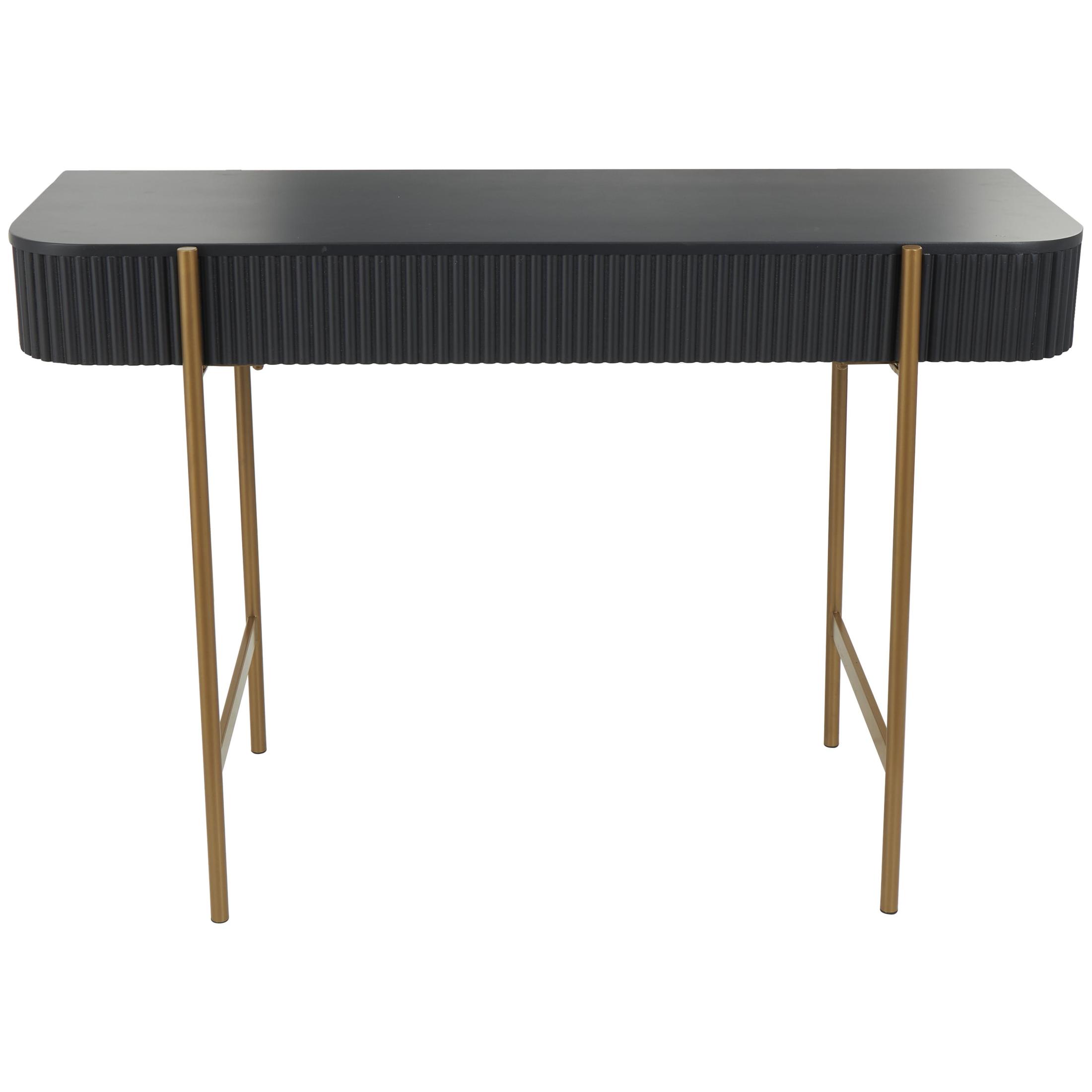 DecMode 42" x 30" Black Wooden Rounded Rectangular Ribbed Console Table with Gold Metal Legs, 1-Piece