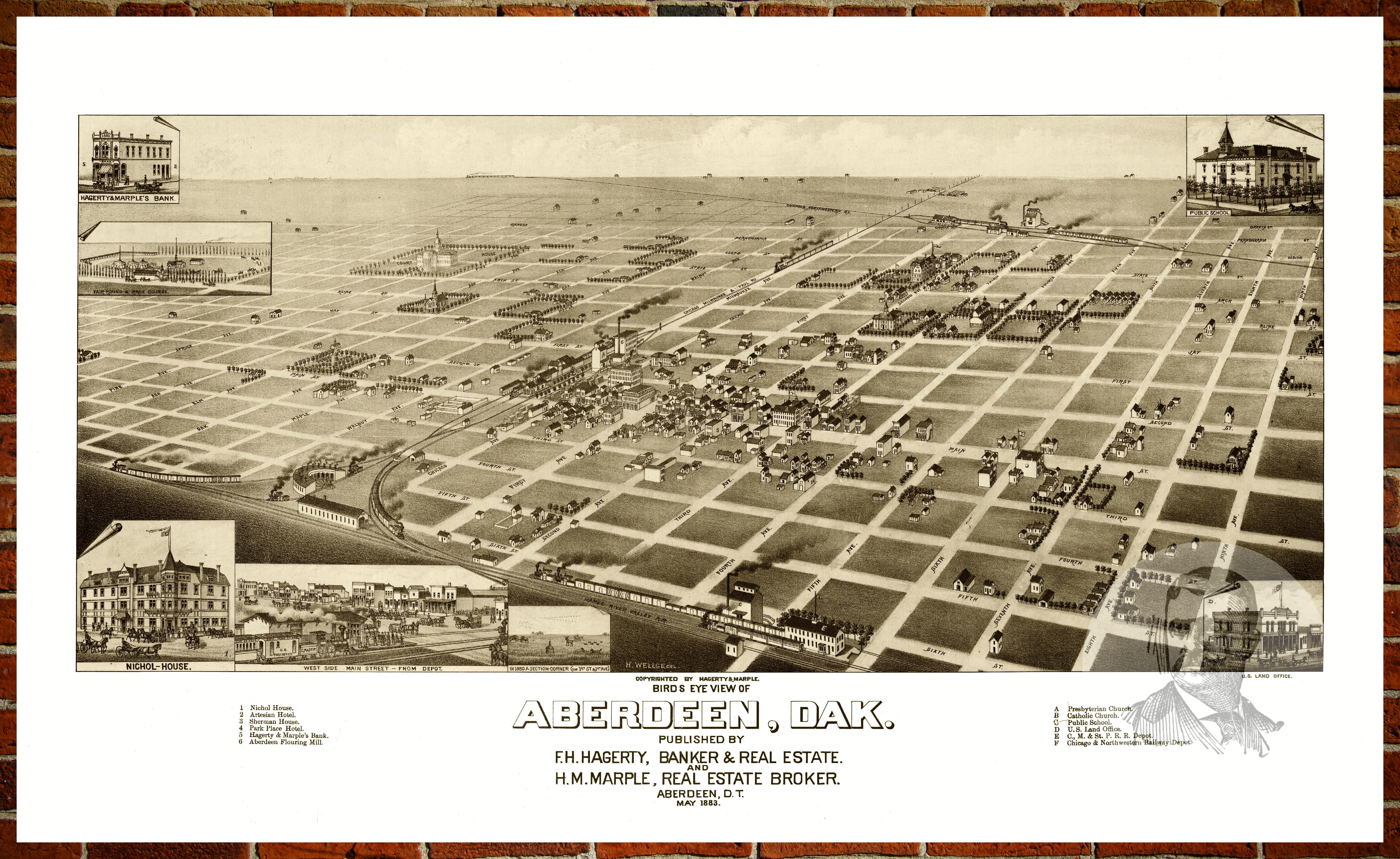 Ted S Vintage Art Map Of Aberdeen Sd 1883 Old South Dakota Decor