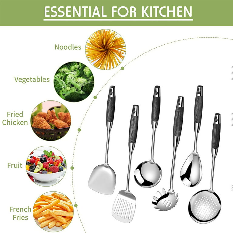 Standcn 304 stainless steel kitchen utensils set, 6 pcs metal professional  cooking spoons, kitchen tools - wok spatula, ladle, skimme