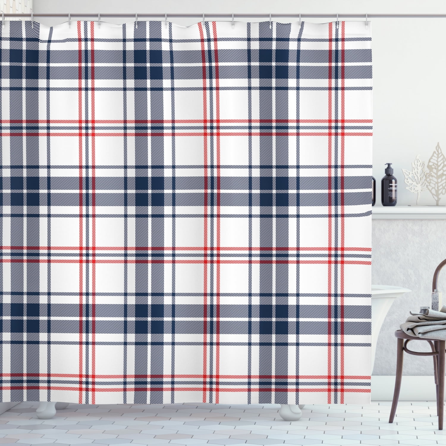 Abstract Shower Curtain, English Style Trendy Tartan Motif Royal Culture Stripes Fashion Display, Fabric Bathroom Set with Hooks, 69W X 70L Inches, Dark Blue Red White, by Ambesonne