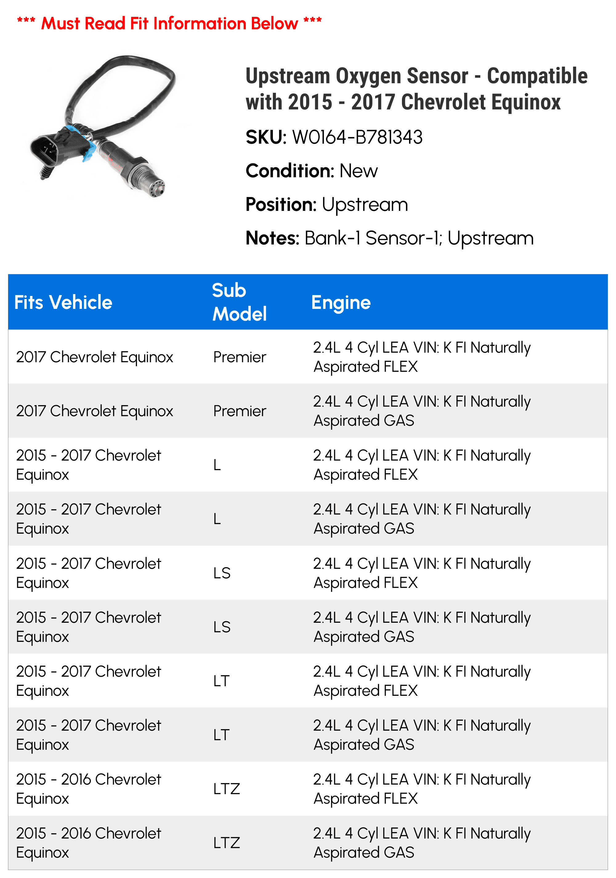 Upstream Oxygen Sensor - Compatible with 2015 - 2017 Chevy Equinox 2016