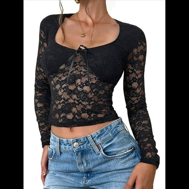 Top Corto de Encaje Y2K para Mujer, Cuello en U, Lazo, para Discoteca, Conciertos y Salidas. Negro M