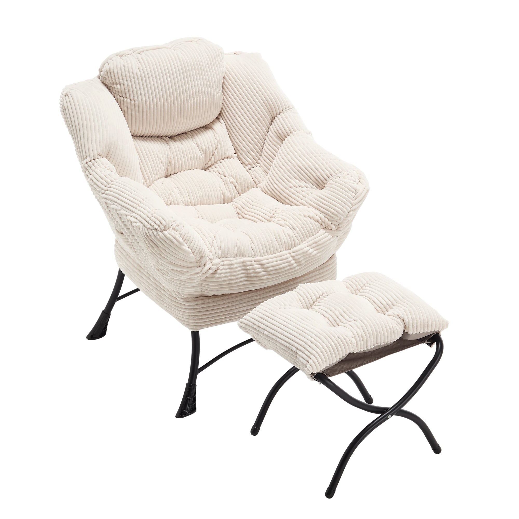 Lazy Chair with Ottoman, Modern Lounge Accent Chair with Armrests, Soft Flannelette Upholstery, Ergonomic Backrest, Side Pocket for Bedroom Living Room