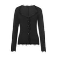 thumbnail image 6 of Douhoow Women Lace Trim Black T-Shirt Retro Crop Top  Button Low Cut Long Sleeve Slim Fit Tees, 6 of 8