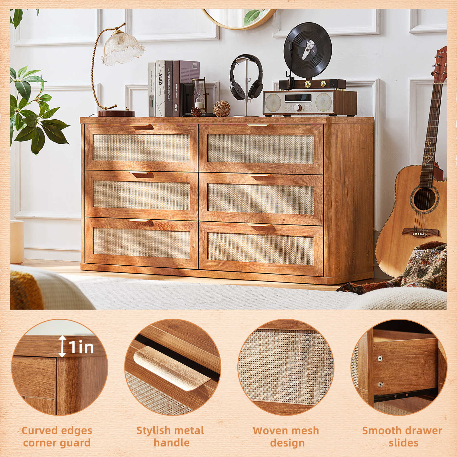 6 Drawer Dresser for Bedroom Set of 2, Boho 54" Wide Brown Dresser Chest of Drawers, Dressers TV Stand with Metal Handle, Storage Dressers Closet for Living Room