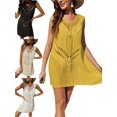 thumbnail image 3 of Traje de baño de las mujeres Cubre Color Sólido Crochet Hueco-Cuello en V Sin Mangas Mini Vestido de Playa para Bikini Traje de baño Nituyy Vestido smocked sin mangas, 3 of 4