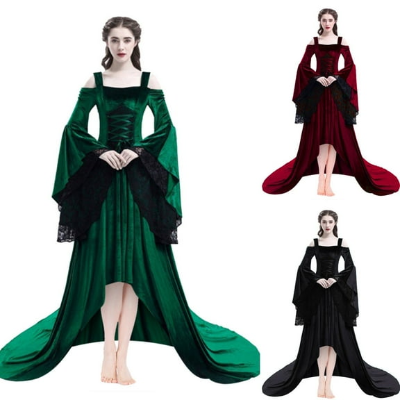 Jacenvly New Cocktail Dresses for Women Retro Medieval Party Princess Renaissance Lace Floor Length Dress Women Formal Dresses Green Xxxl