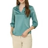 Allegra K Women's Lapel V-Neck Long Sleeve Button Cuffs Satin Shirt
