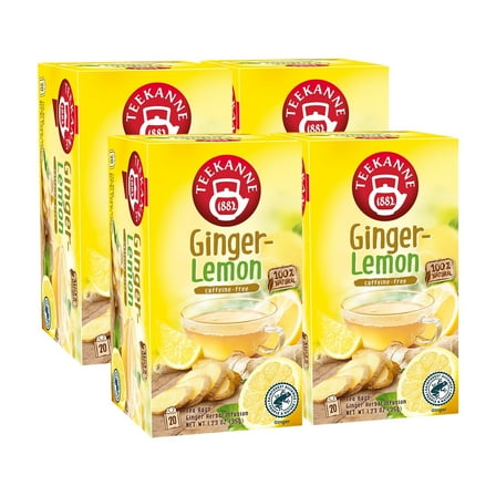 Teekanne Ginger Lemon Tea Caffeine Free Naturally Flavored Zesty Lemon & Spicy Ginger Herbal Tea with 20 Individually Wrapped Tea Bags Per Box Soothing Delicious Herbal Tea Pack of 4