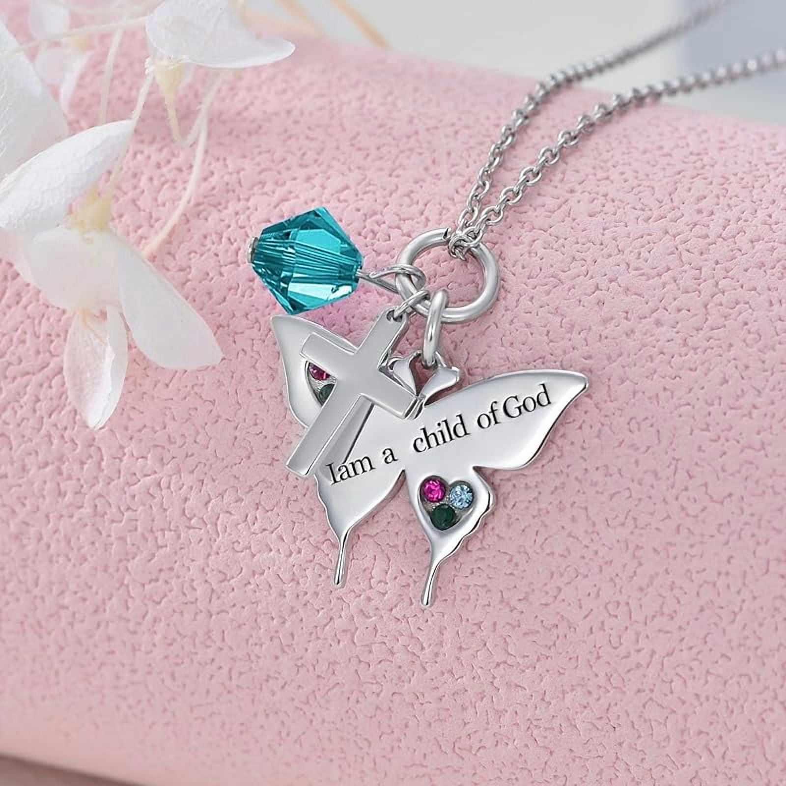 SISGEM 925 Sterling Silver Cross Butterfly Necklace Baptism Communion Birthday Conformation Gifts for Daughter Granddaughter Niece with 12 Birthstones