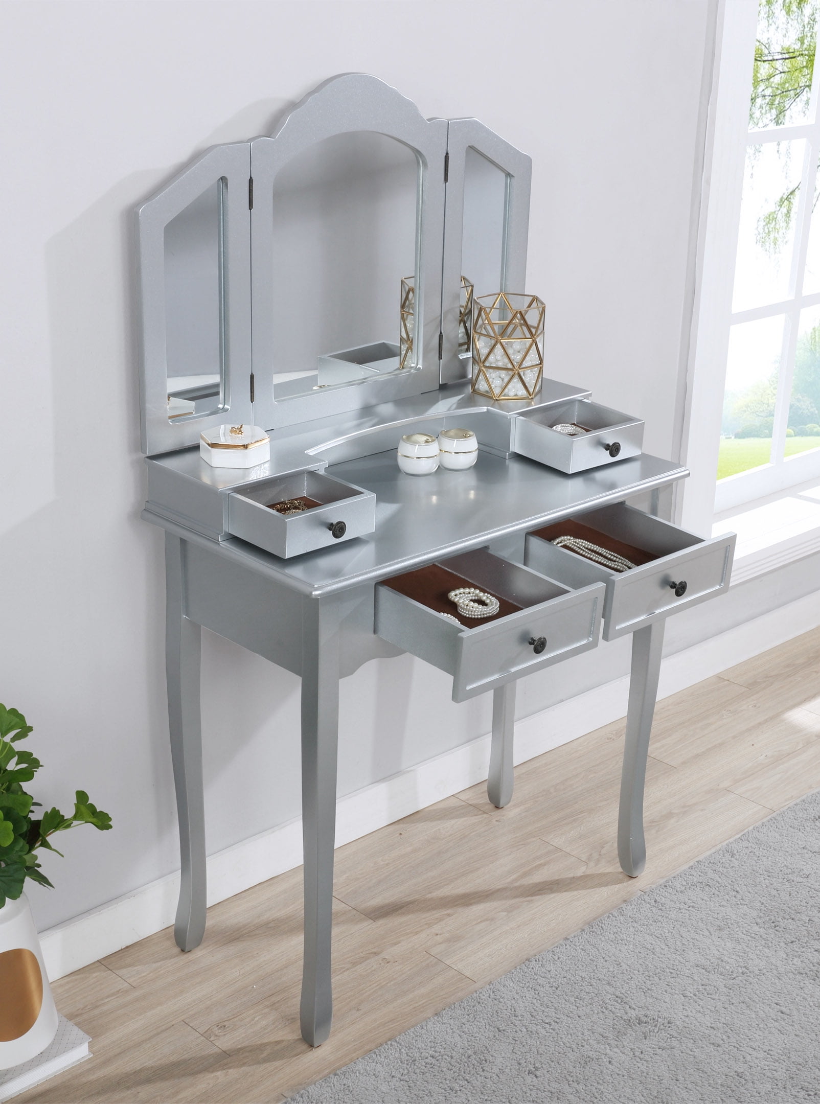 Roundhill Furniture Sanlo Make Up Vanity Table and Stool Set