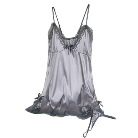 

SUPERHOMUSE Fashion Women Sexy Suspenders Pajamas V-neck Solid Color Lace Nightdress Sleepwear