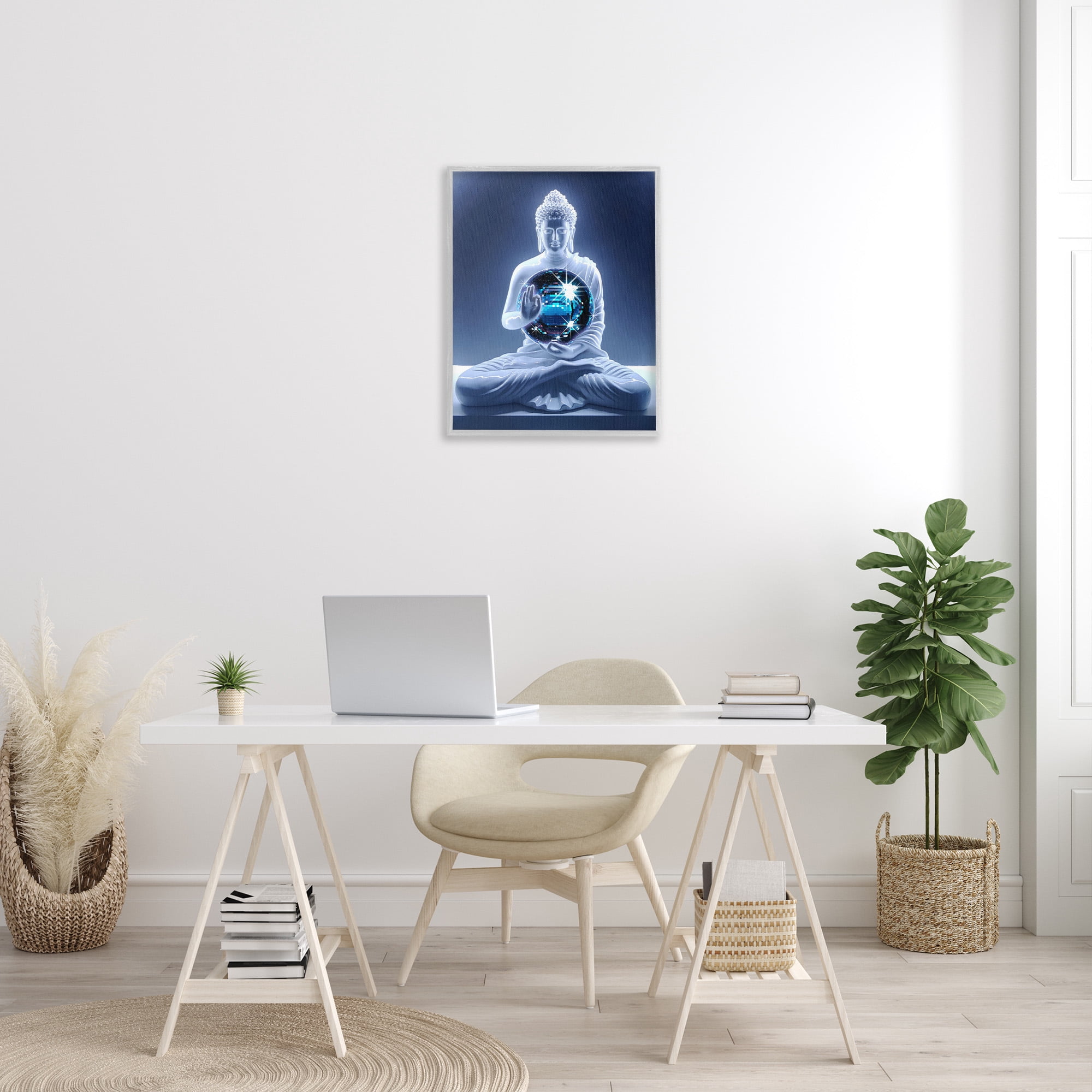 Stupell Industries Buddha with Disco Ball Novelty Painting Gray Framed Art Print Wall Art, 24 x 30