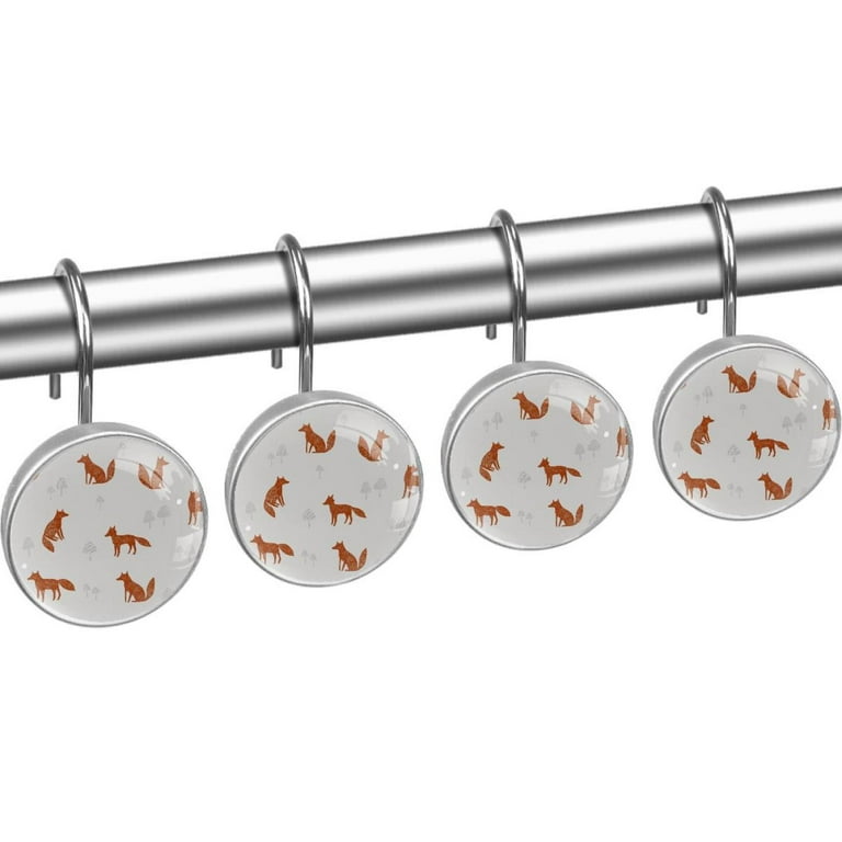 Fox Shower Curtain Hooks（Set of 12）for Home Hotel Shower Rods Bathroom  Crystal Glass Print Stainless Steel Round Curtain Hooks 