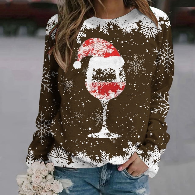 TIMIFIS Chandail en Molleton Oversize de Noël pour Femmes Décontracté Mignon Verre de Vin Rouge Flocon de Neige Imprimé Col Rond Chandail Cadeaux pour Noël