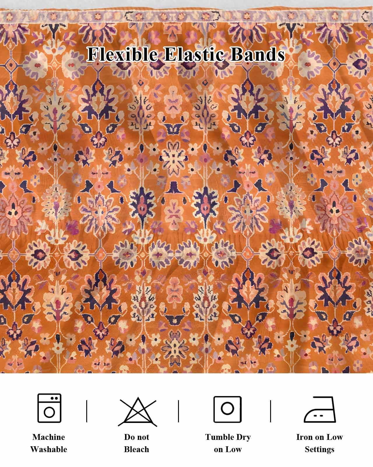 Boho Orange Wrap Around Bed Skirts for King Bed 18" Drop,Bed Skirt with Adjustable Elastic Belt Dust Ruffle Bed Valance for Bedroom Hotel Country Style Bohemian Floral Retro Tribal Bed Frame Cover