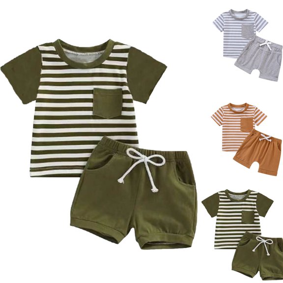 Agkizg 2PC Striped Short Sleeve Pocket Tee Shorts Set Casual Summer Outfits (Toddler Boy's or Toddler Girl's),2-Piece Set,Sizes 9 Months-4 Years