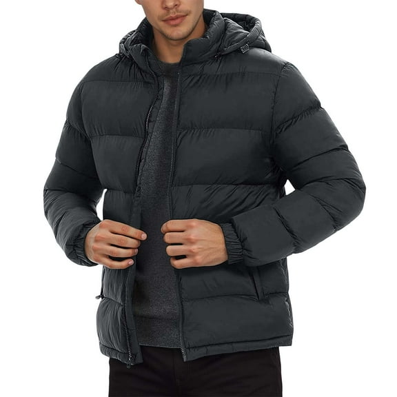 Men Puffer Jacket Winter Warm Detachable Hooded Puffer Jacket Cold Weather Outdoor Baggy Down Outerwear Relaxed Fit Plus Size Jackets Black L
