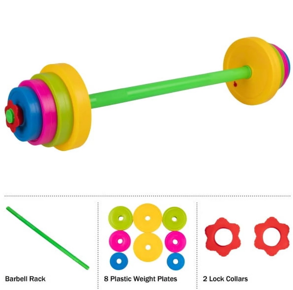Toys+ Kids Play Barbell Set, 32 Inch Adjustable Rainbow Weight, Pretend Exercise Equipment