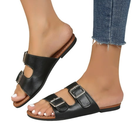 

PEASKJP Womens Dress Sandals Women’s Flat Sandals Soft Straps Slip-on Open Toe Light Weight Elastic Slingback Comfort Casual Walking Sandals (Black 7)