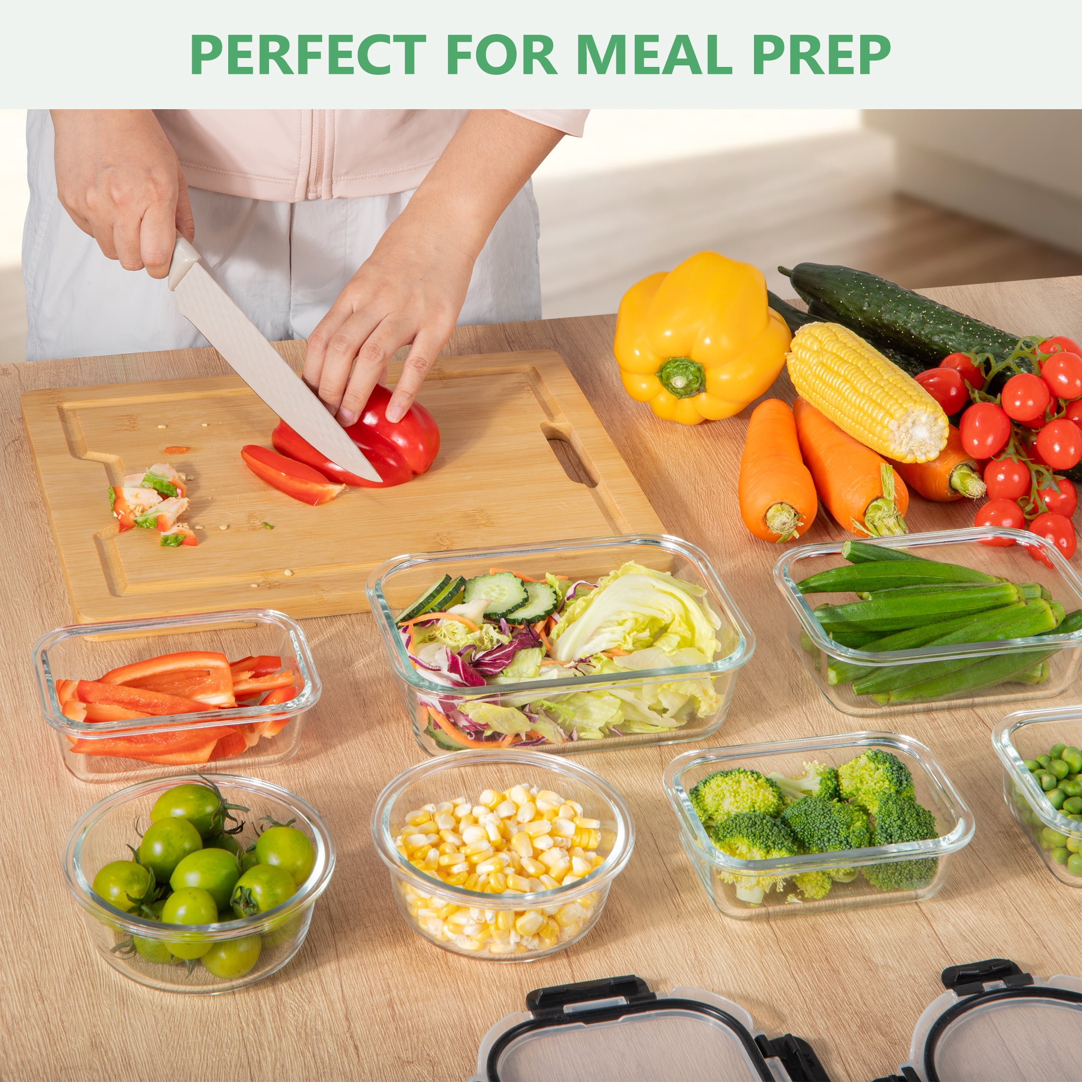 GPED 34-Piece Glass Food Storage Container Set, Glass Meal Prep Containers with Snap-Locking Lids, Glass Lunch Box, Airtight Bento Box, for Microwave, Oven, Freezer, and Dishwasher Safe, Black