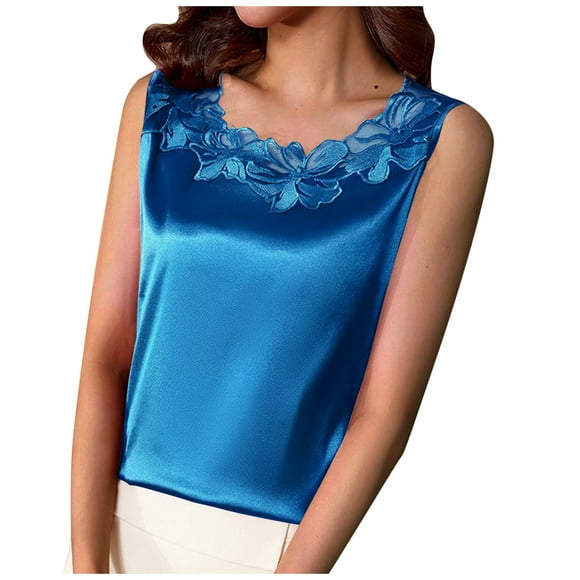 Kaemgyyd Silk Satin Tank Tops for Women Dressy Lace Patchwork Blouse Casual Loose Sleeveless Scoop Neck Summer Shirt