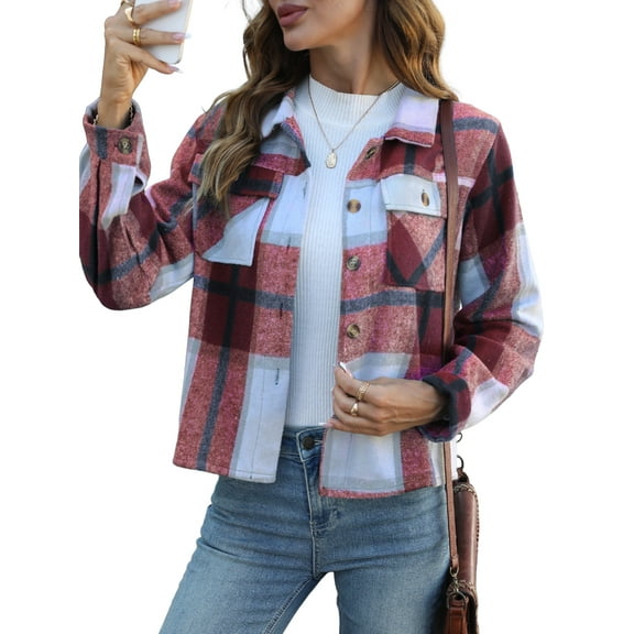Anygrew Womens Shacket Plaid Shirts Flannel Shacket Jacket Long Sleeve Button Down Shirt Trendy Fall Outfits for Women Coats