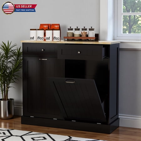 Hassch Black Kitchen Trash Cabinet 2-Drawer & Double Bin Pull-Out System for 10 Gallon Cans (Not Included) 34.3 H MDF Kitchen Island Extension Utility for Recycling & Laundry
