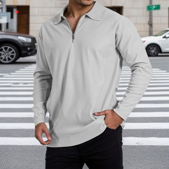Adult Men Polo Shirts Long Sleeve Quarter Zipper Polo Tees Basic White Mens Casual Dress Shirt