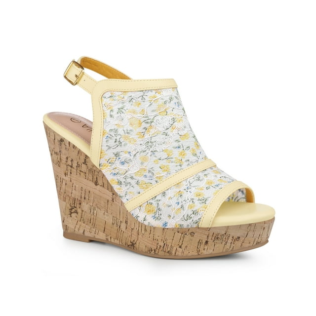 BLISSFUL STEP Chaussures pour Femmes Sandales à Talon Compensé à Bout Ouvert à Plateforme avec Lacets Fleur Jaune 8