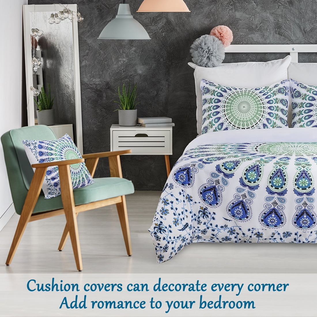 5-piece Bohemian Duvet Cover Polyester Bedding Set White and Green Queen