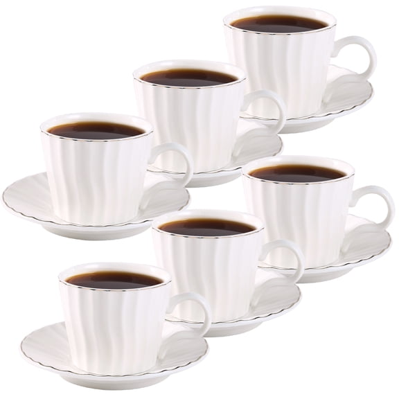 100ml White & Gold Striped Coffee Cup Set, 6 Cups & 6 Saucers, High-Fired Ceramic, Heat-Proof Handle, Elegant Tea Set for Home & Gifting