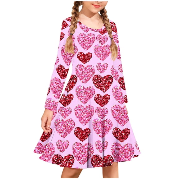 ATOGUTA Girls Dress Long Sleeve Valentines T-Shirt Dresses Kids Spring A-Line Twirly Skater Dresses Size 4T-14, Purple