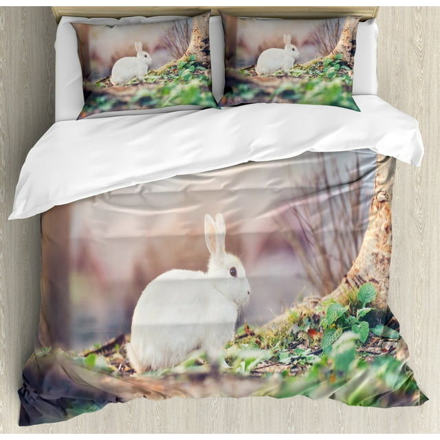 Easter Bunny Duvet Cover Set King Size, Photography of Cute White