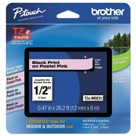 UPC: 0012502594499 | Brother Genuine P-touch TZE-MQE31 Tape  1/2  (0.47 ) Standard Laminated Label Maker Tape  Black on Pastel Pink  0.47 in. x 26.2 ft.  TZEMQE31