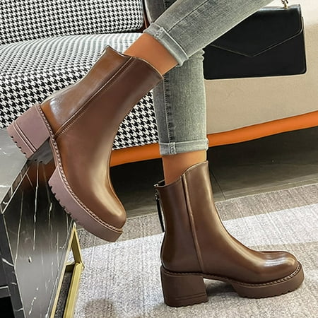 

Ankle Boots Ladies Casual Solid Color Leather Back Zip High Heel Fashion Short Boots