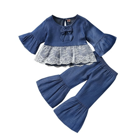 

Calsunbaby Kids Baby Girl Lace Flare Sleeves Shirt Top and Denim Pants Suit Autumn Flared Jeans Outfits Clothes 2-3 Years