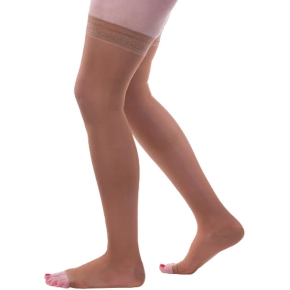 Allegro 20-30mmHg Essential 9 Sheer Support Open Toe Thigh High Hose (Fawn) Medium