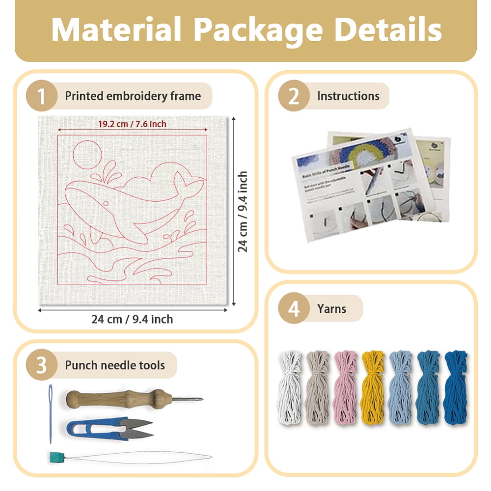 Polyester Cotton Punch Needle 4Folded Yarns Embroidery Kits Included Threader Cotton Thread Punch Needle Thread Clips 3.5MM Wooden Needle Whale