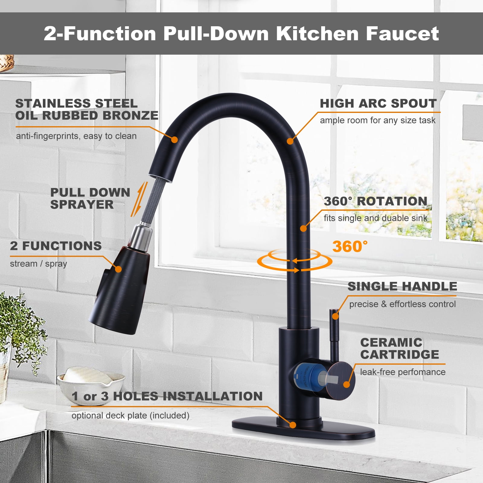 Wowow Kitchen Pull Down Lever Single Handle Kitchen Faucet with Deckplate, Oil Rubbed Bronze