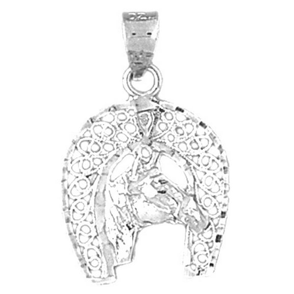 14K White Gold Horseshoe And Horse Pendant - 25 mm