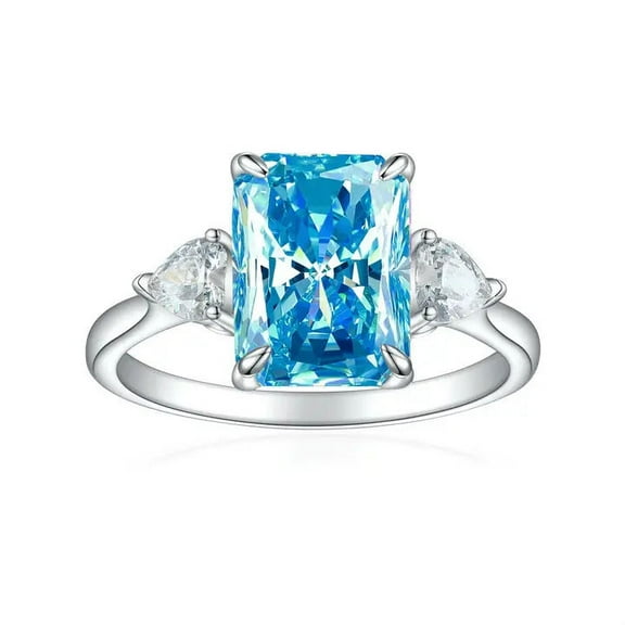 Emerald & Trillion Cut Lab-Created Swiss Blue Topaz and Moissanite Solitaire Ring in 925 Sterling Silver for Her - Elegant Engagement or Anniversary Gift