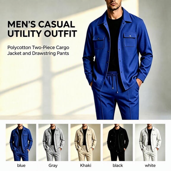 Kalauyu Two Piece Outfit Sets for Men Long Sleeve Button Down Shacket Jacket and Drawstring Jogger Pants Matching Set Casual Walking Suit