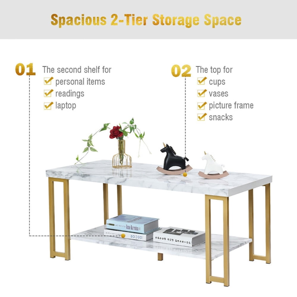 Finihen Wooden Coffee Table, Rectangular Coffee Table, 2-Tier Rectangular Modern Coffee Table with Gold Print Metal Frame, for Living Room, Reception Room, Office, White
