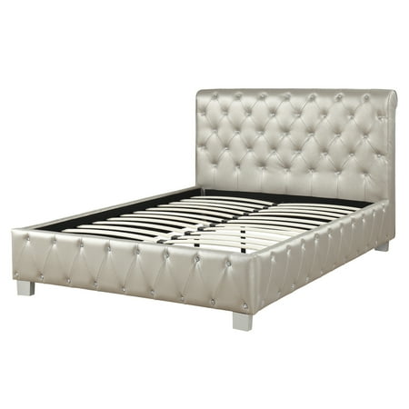 - Luxury Queen Bed Button Crystal Tufted Headboard FB Silver Faux Leather